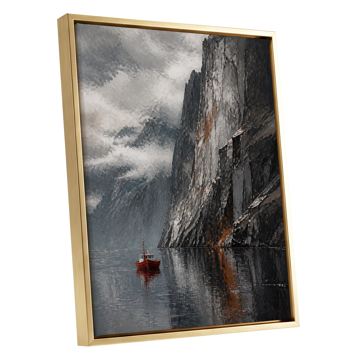 Red Boat Beneath Giants, gray, black, white nature wall art shown as a gold framed canvas wall art