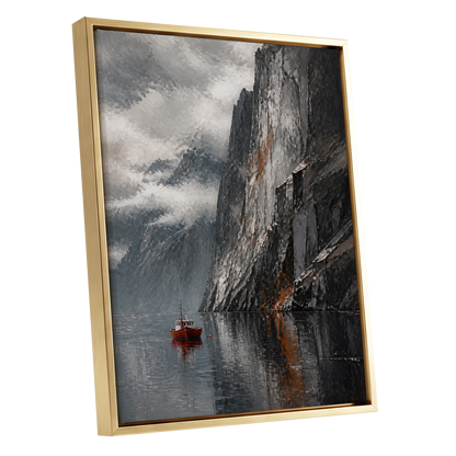 Red Boat Beneath Giants, gray, black, white nature wall art shown as a gold framed canvas wall art