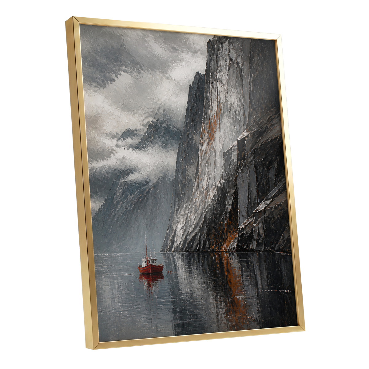 Red Boat Beneath Giants, gray, black, white nature wall art shown as a gold framed poster wall art print