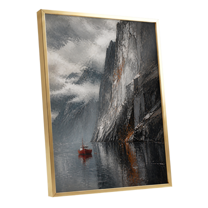 Red Boat Beneath Giants, gray, black, white nature wall art shown as a gold framed poster wall art print