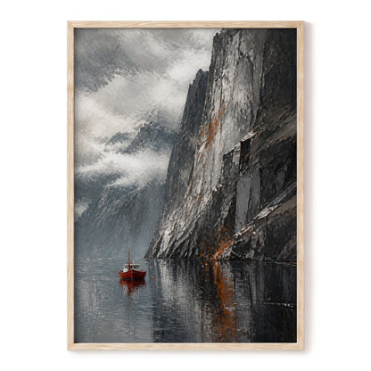 Red Boat Beneath Giants, gray, black, white nature wall art, front artwork view
