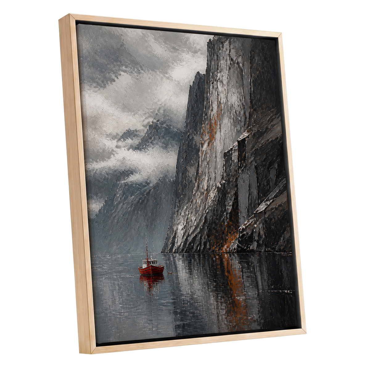 Red Boat Beneath Giants, gray, black, white nature wall art shown as a oak framed canvas wall art
