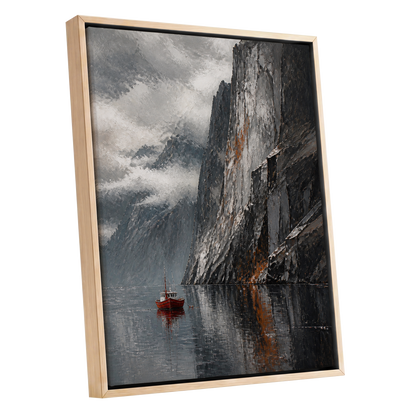 Red Boat Beneath Giants, gray, black, white nature wall art shown as a oak framed canvas wall art