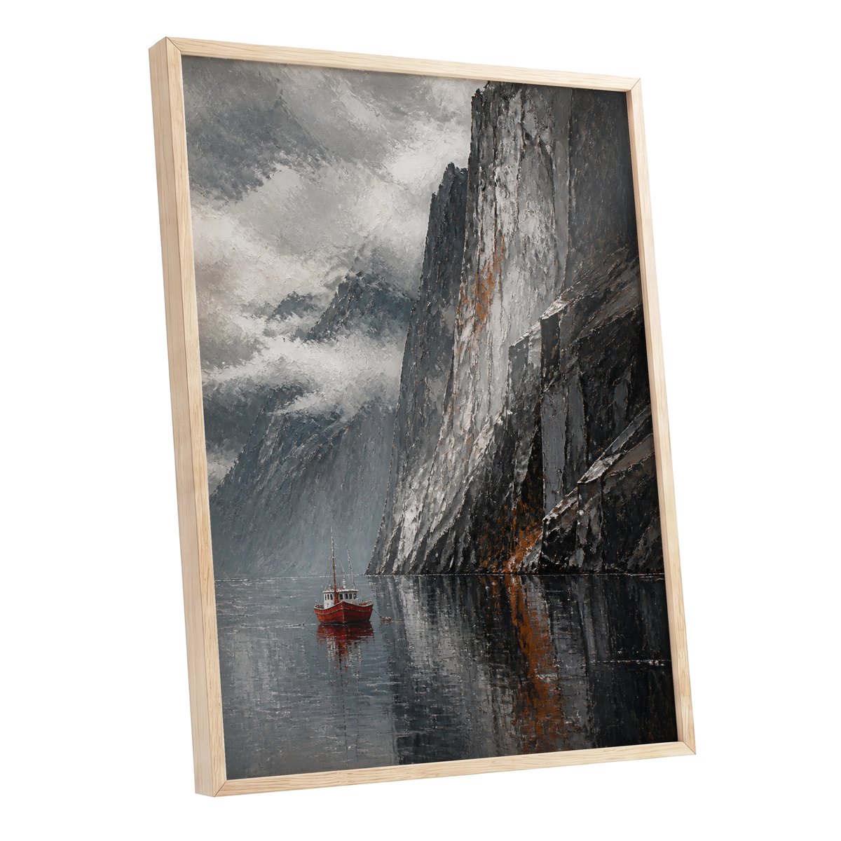 Red Boat Beneath Giants, gray, black, white nature wall art shown as a oak framed poster wall art print
