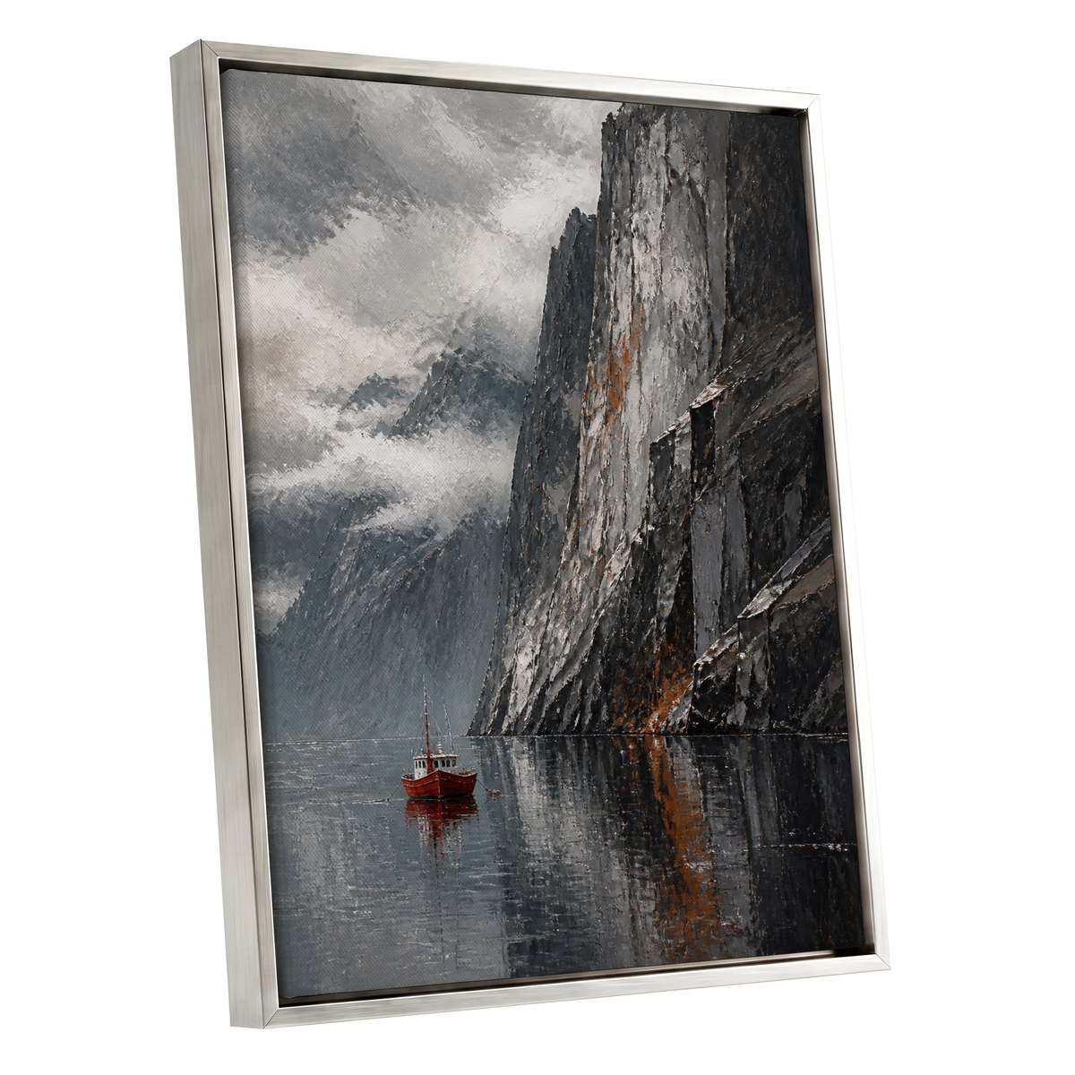 Red Boat Beneath Giants, gray, black, white nature wall art shown as a silver framed canvas wall art