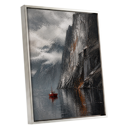Red Boat Beneath Giants, gray, black, white nature wall art shown as a silver framed canvas wall art