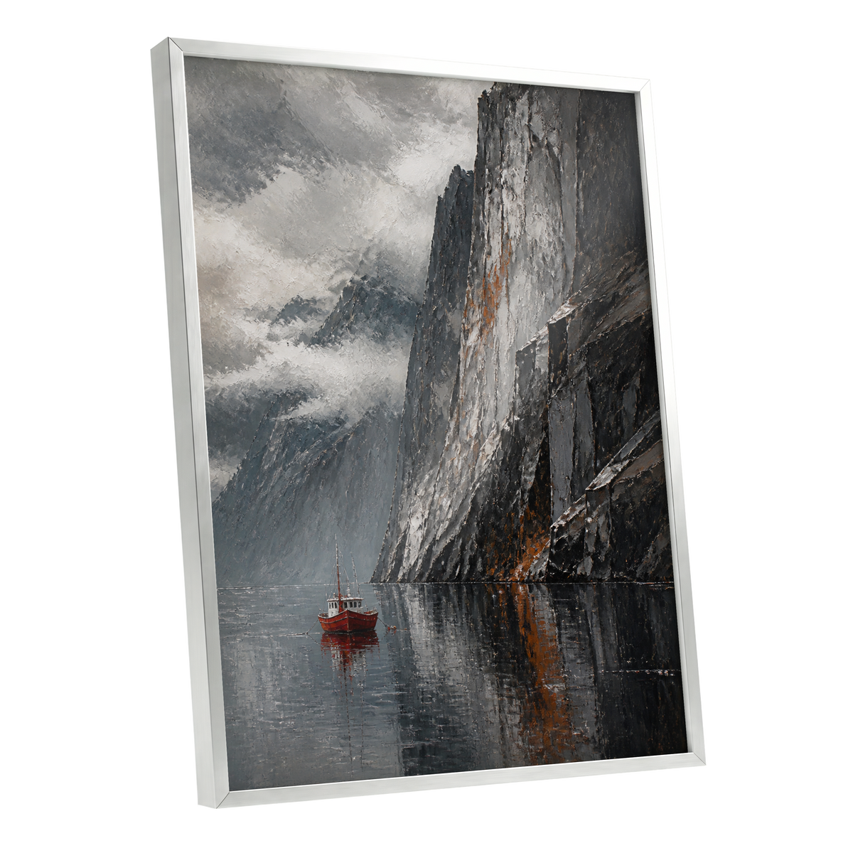 Red Boat Beneath Giants, gray, black, white nature wall art shown as a silver framed poster wall art print