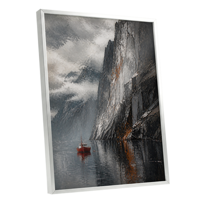 Red Boat Beneath Giants, gray, black, white nature wall art shown as a silver framed poster wall art print