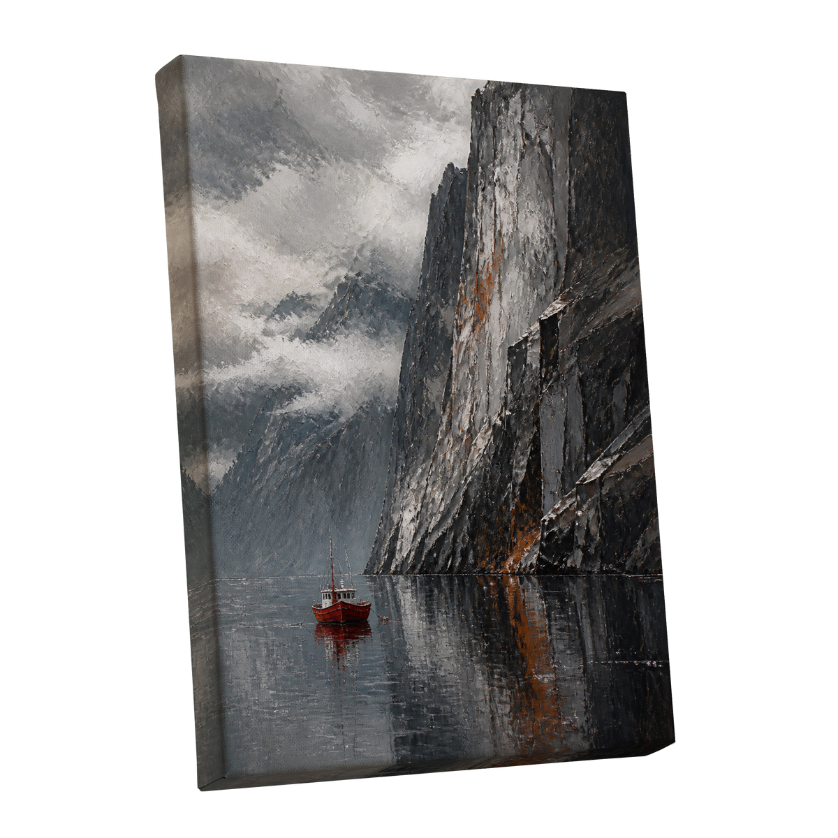 Red Boat Beneath Giants, gray, black, white nature wall art shown as a stretched canvas wall art