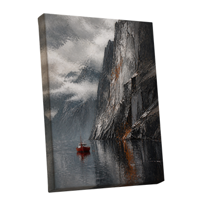 Red Boat Beneath Giants, gray, black, white nature wall art shown as a stretched canvas wall art