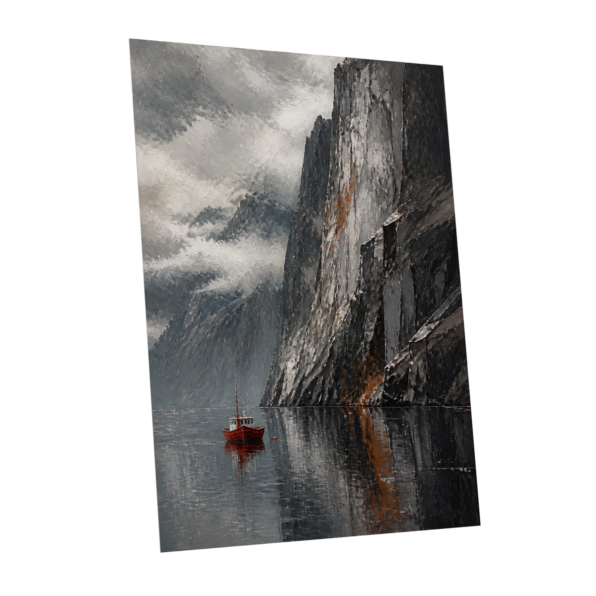 Red Boat Beneath Giants, gray, black, white nature wall art shown as a unframed poster wall art print