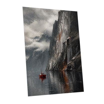 Red Boat Beneath Giants, gray, black, white nature wall art shown as a unframed poster wall art print