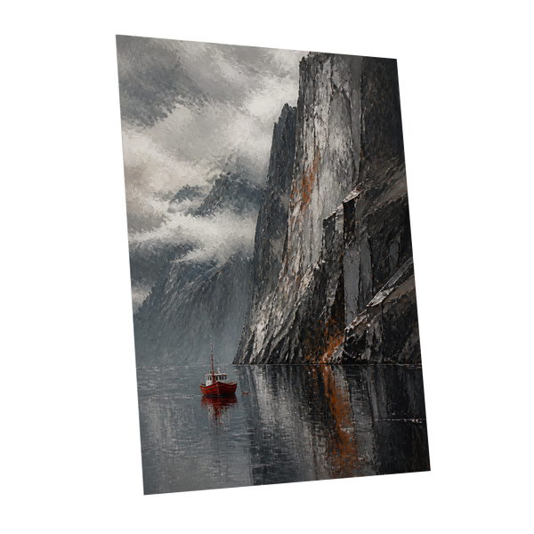 Red Boat Beneath Giants, gray, black, white nature wall art shown as a unframed poster wall art print