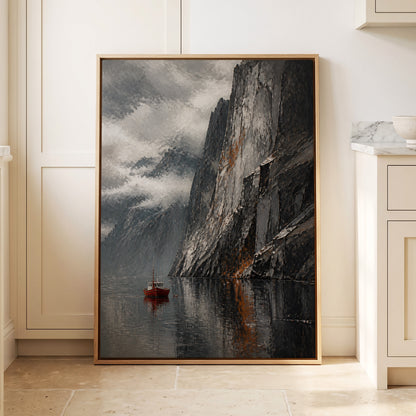 Red Boat Beneath Giants, gray, black, white nature wall art displayed in a styled interior, gallery view 1
