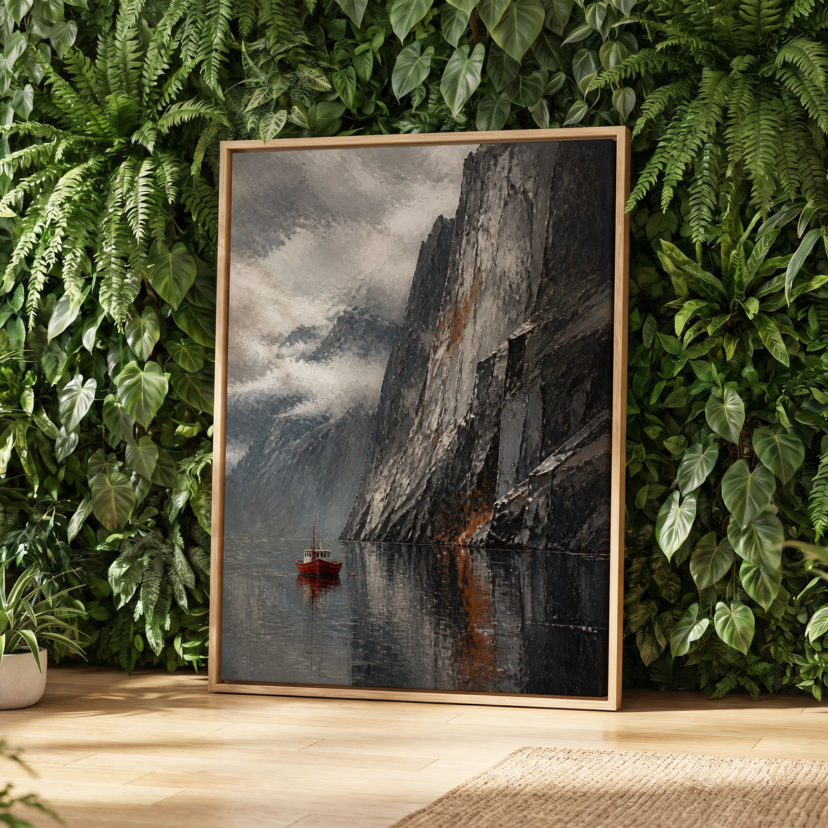 Red Boat Beneath Giants, gray, black, white nature wall art displayed in a styled interior, gallery view 2
