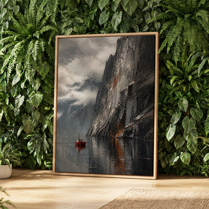 Red Boat Beneath Giants, gray, black, white nature wall art displayed in a styled interior, gallery view 2