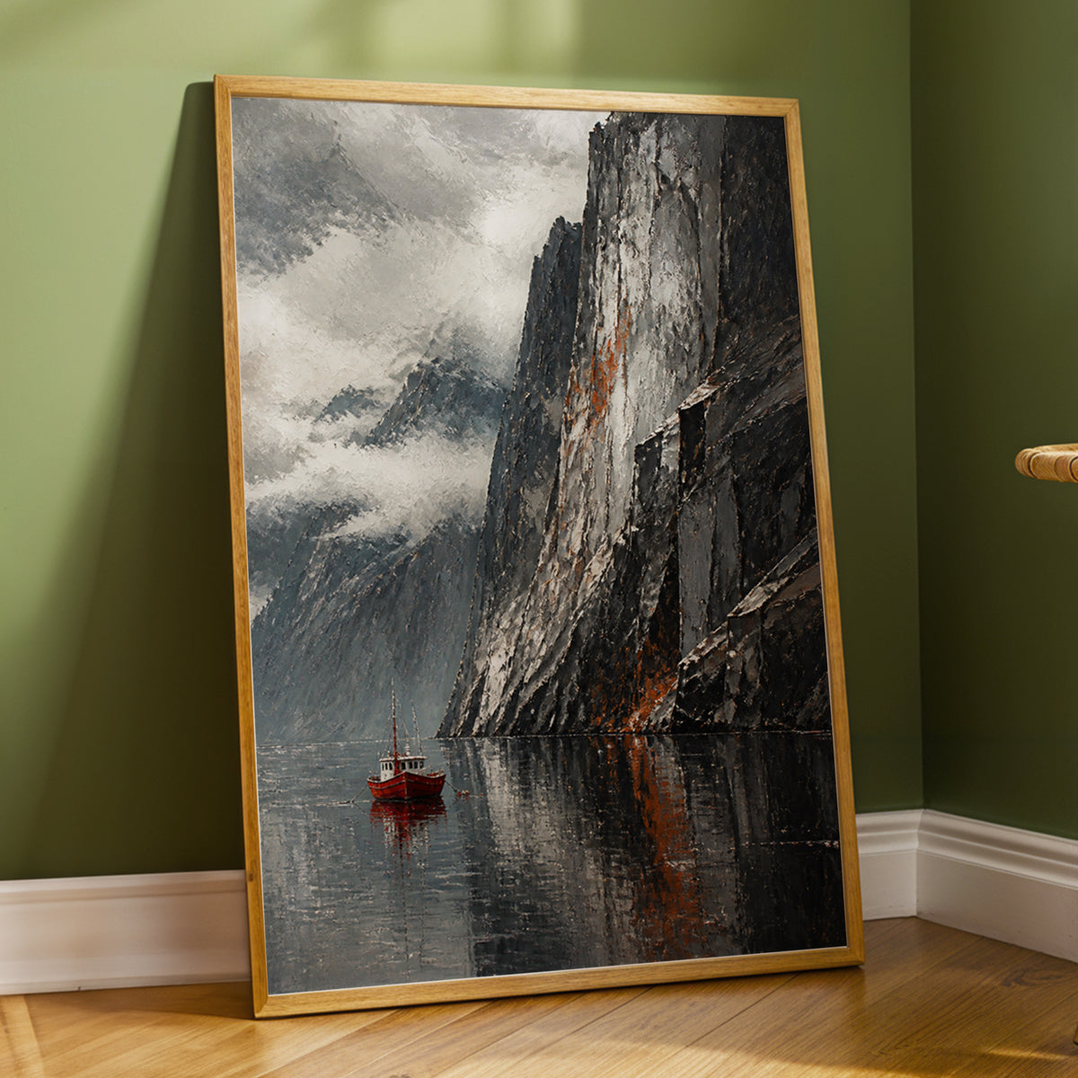Red Boat Beneath Giants, gray, black, white nature wall art displayed in a styled interior, gallery view 3