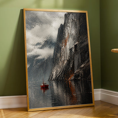 Red Boat Beneath Giants, gray, black, white nature wall art displayed in a styled interior, gallery view 3
