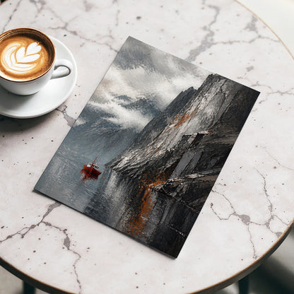 Red Boat Beneath Giants, gray, black, white nature wall art displayed in a styled interior, gallery view 4