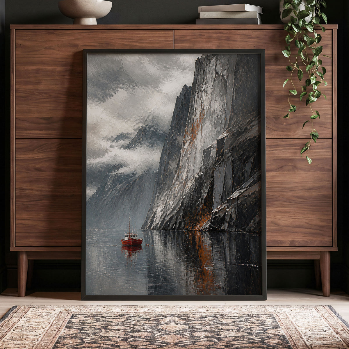 Red Boat Beneath Giants, gray, black, white nature wall art displayed in a styled interior, gallery view 5