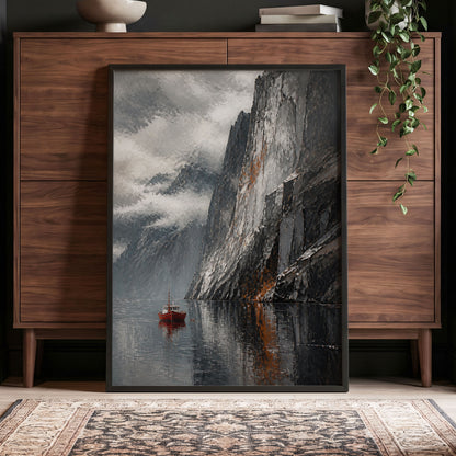 Red Boat Beneath Giants, gray, black, white nature wall art displayed in a styled interior, gallery view 5
