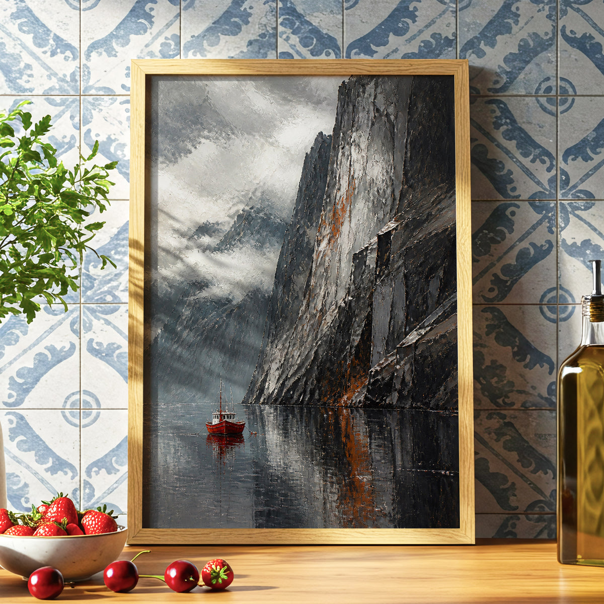 Red Boat Beneath Giants, gray, black, white nature wall art displayed in a styled interior, gallery view 6
