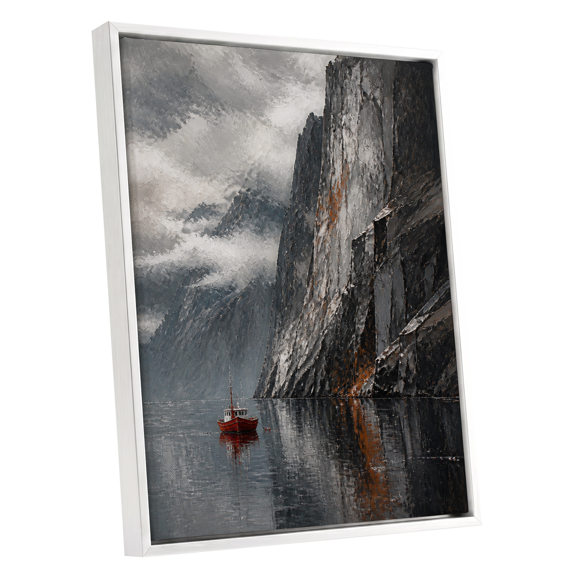 Red Boat Beneath Giants, gray, black, white nature wall art shown as a white framed canvas wall art