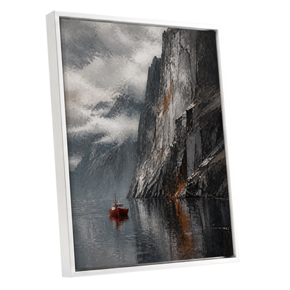 Red Boat Beneath Giants, gray, black, white nature wall art shown as a white framed canvas wall art