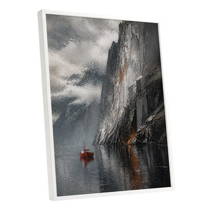 Red Boat Beneath Giants, gray, black, white nature wall art shown as a white framed poster wall art print