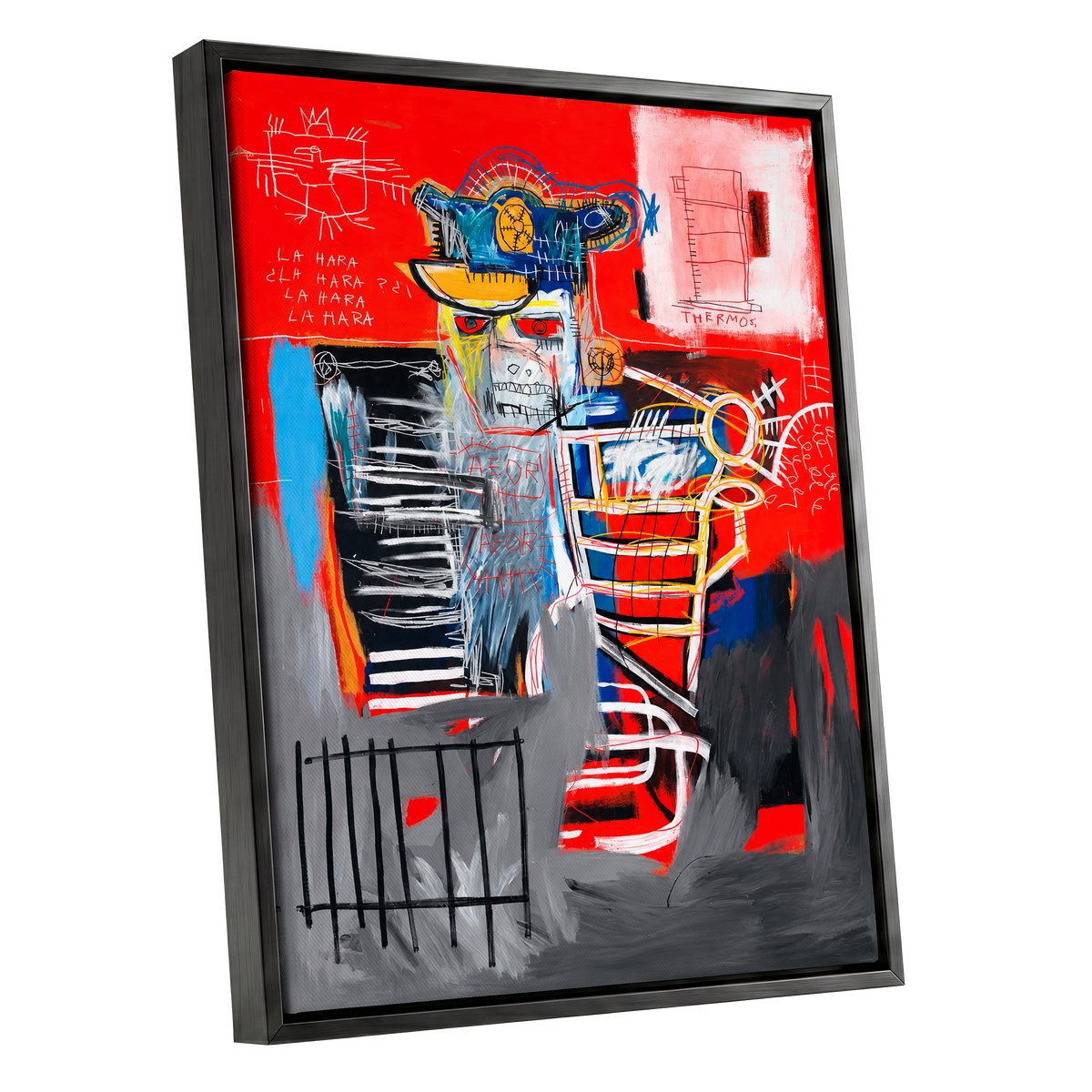 Red Crown Figure, red, gray, black abstract wall art shown as a black framed canvas wall art