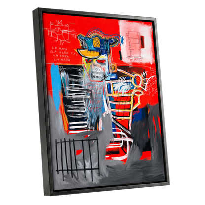 Red Crown Figure, red, gray, black abstract wall art shown as a black framed canvas wall art