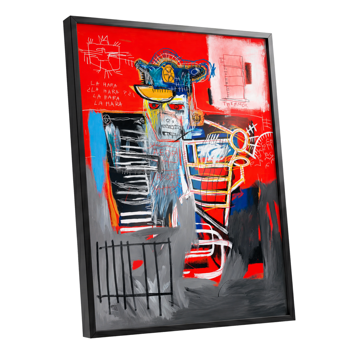Red Crown Figure, red, gray, black abstract wall art shown as a black framed poster wall art print