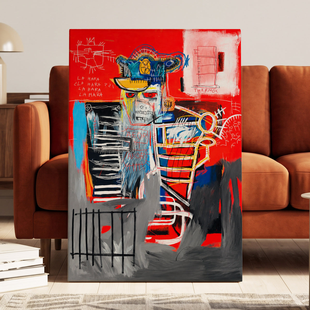 Red Crown Figure, red, gray, black abstract wall art on canvas displayed in a styled interior, gallery view 1