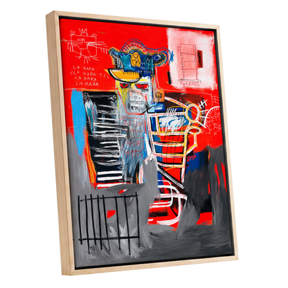 Red Crown Figure, red, gray, black abstract wall art shown as a oak framed canvas wall art