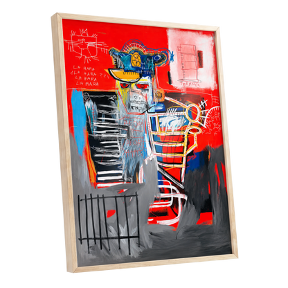 Red Crown Figure, red, gray, black abstract wall art shown as a oak framed poster wall art print