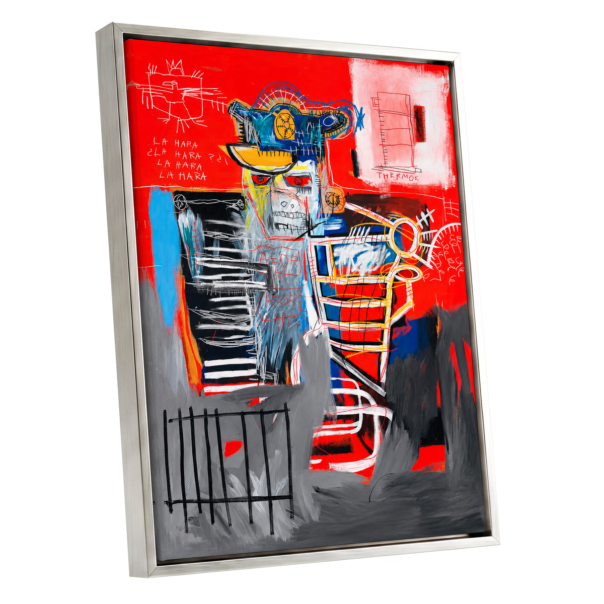 Red Crown Figure, red, gray, black abstract wall art shown as a silver framed canvas wall art
