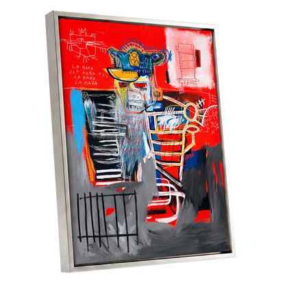 Red Crown Figure, red, gray, black abstract wall art shown as a silver framed canvas wall art