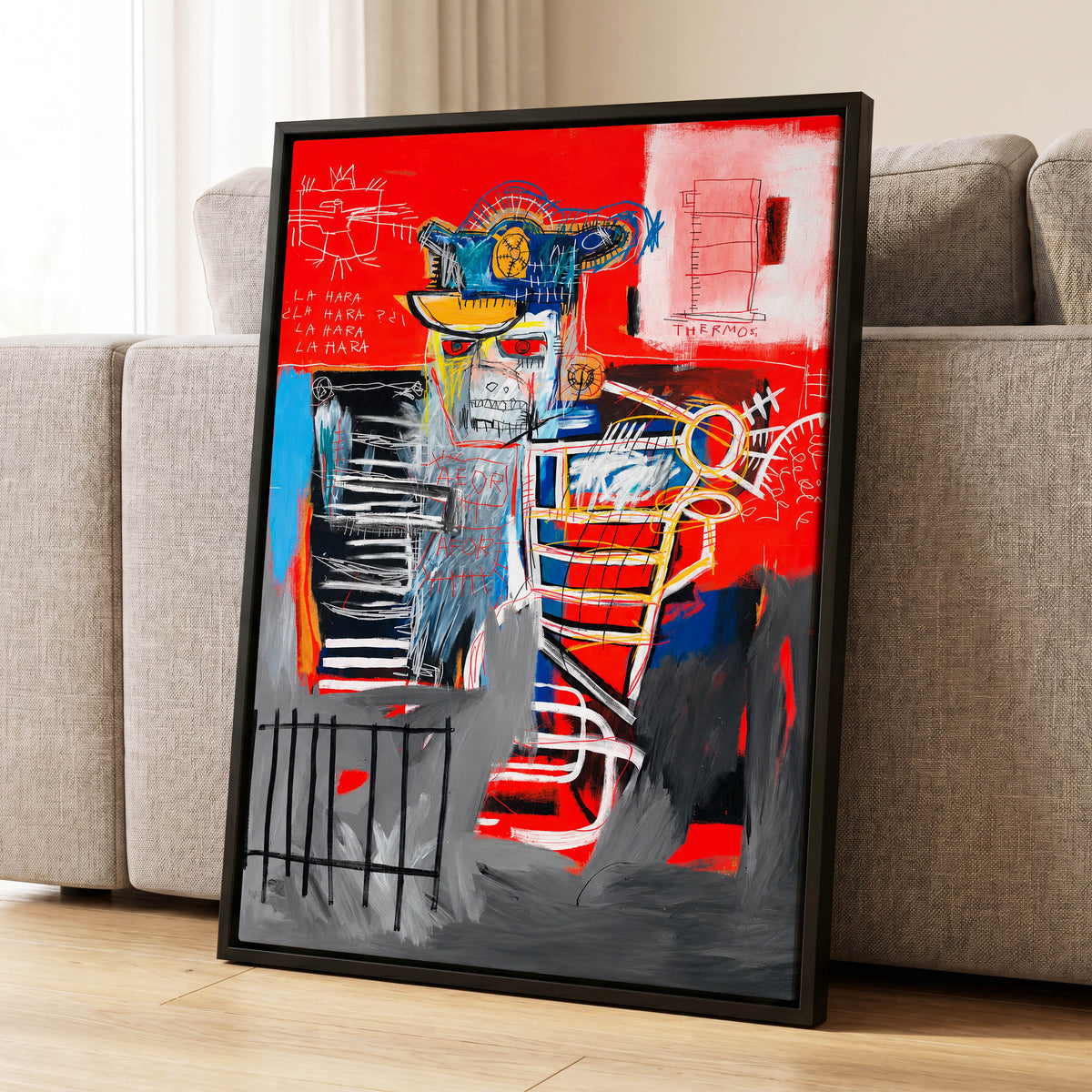 Red Crown Figure, red, gray, black abstract wall art displayed in a styled interior, gallery view 1