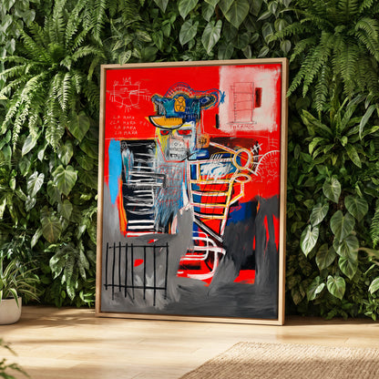 Red Crown Figure, red, gray, black abstract wall art displayed in a styled interior, gallery view 2