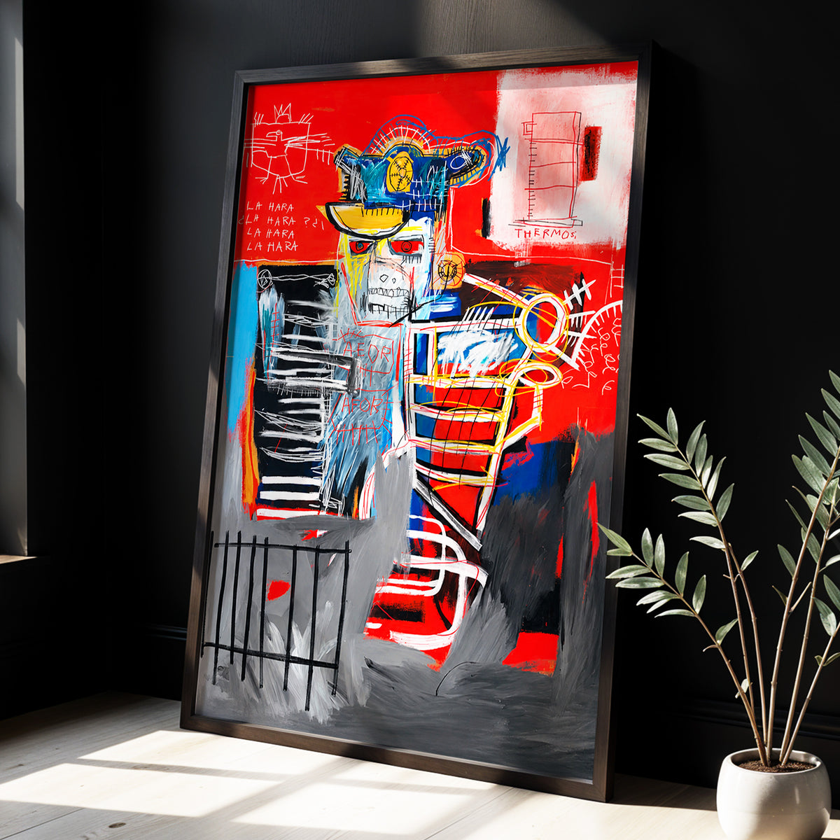 Red Crown Figure, red, gray, black abstract wall art displayed in a styled interior, gallery view 3