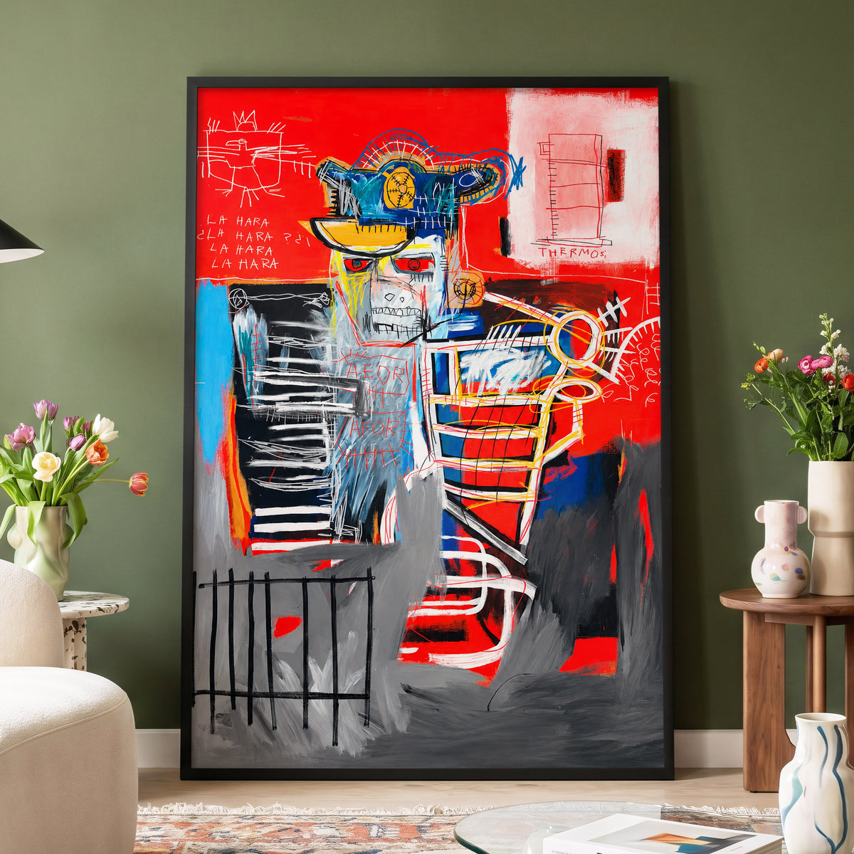Red Crown Figure, red, gray, black abstract wall art displayed in a styled interior, gallery view 4
