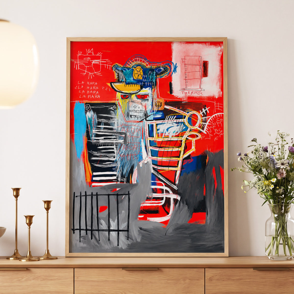 Red Crown Figure, red, gray, black abstract wall art displayed in a styled interior, gallery view 5