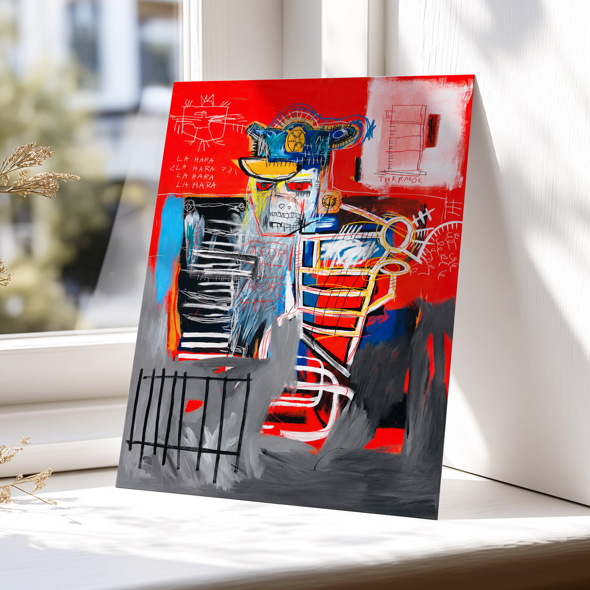 Red Crown Figure, red, gray, black abstract wall art displayed in a styled interior, gallery view 6