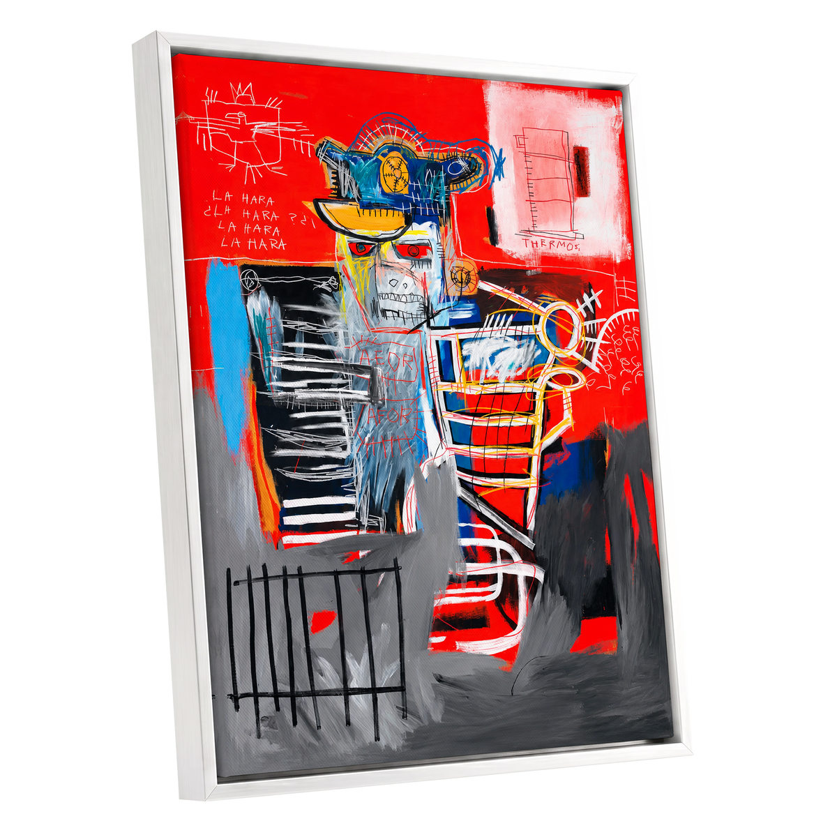 Red Crown Figure, red, gray, black abstract wall art shown as a white framed canvas wall art