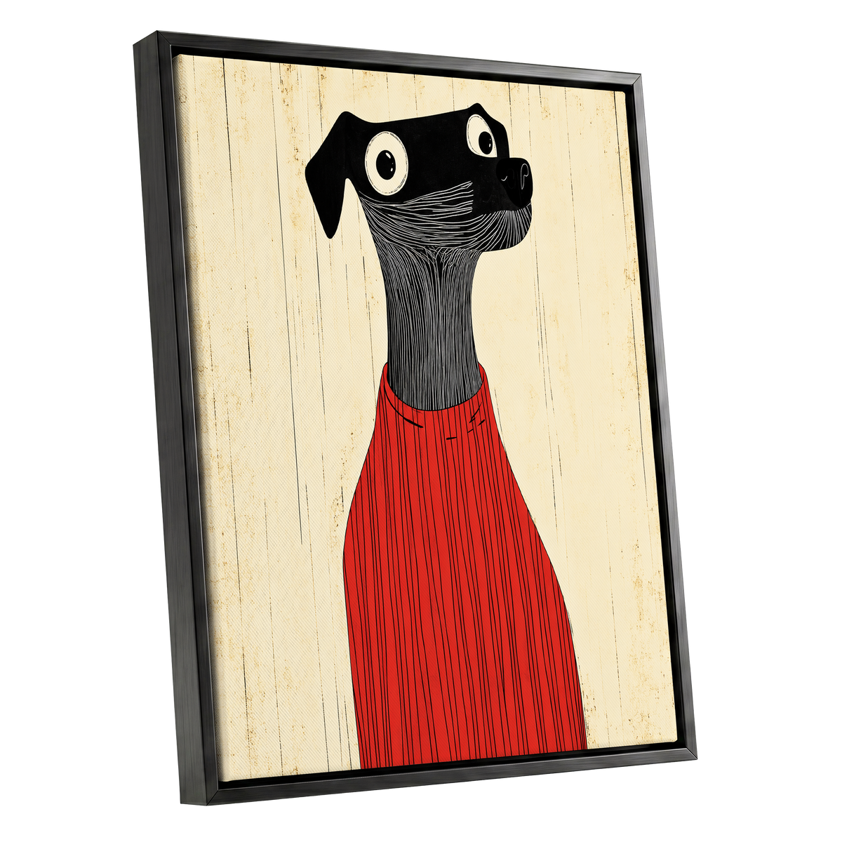 Red Jumper Hound, black, beige, red nature wall art shown as a black framed canvas wall art