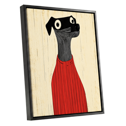 Red Jumper Hound, black, beige, red nature wall art shown as a black framed canvas wall art
