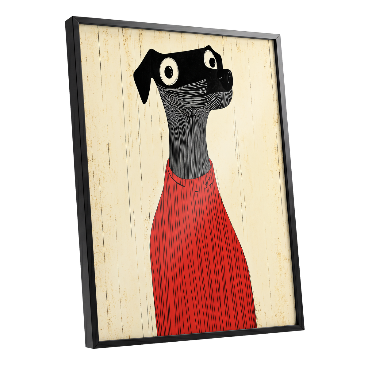 Red Jumper Hound, black, beige, red nature wall art shown as a black framed poster wall art print