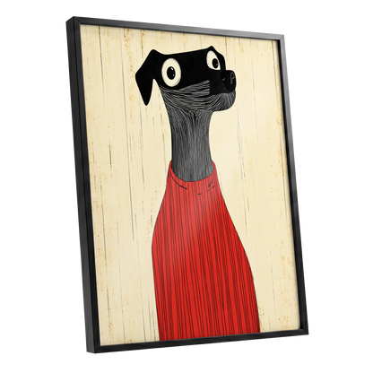 Red Jumper Hound, black, beige, red nature wall art shown as a black framed poster wall art print