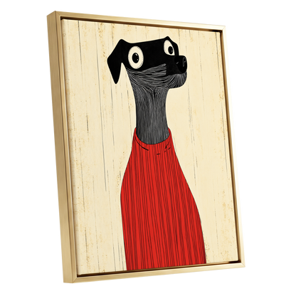 Red Jumper Hound, black, beige, red nature wall art shown as a gold framed canvas wall art