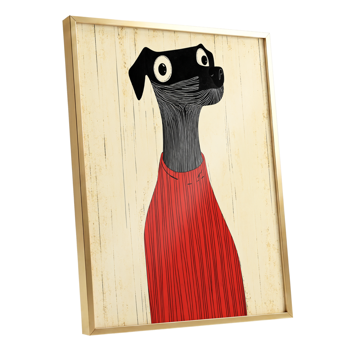 Red Jumper Hound, black, beige, red nature wall art shown as a gold framed poster wall art print